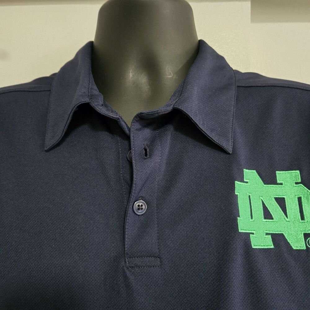 Notre Dame Size Men Medium Logo Navy Green Polyester Stretch Knit Polo Shirt - Picture 2 of 7